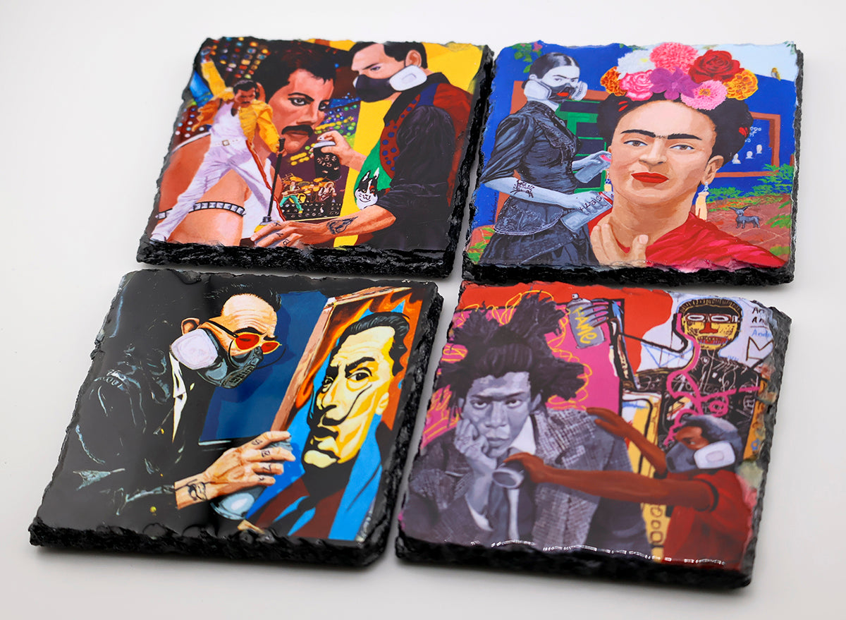 Slate Rock Art Coaster of Acrlyic Painting of Frida painting Self - by Sal Vargas KLAS