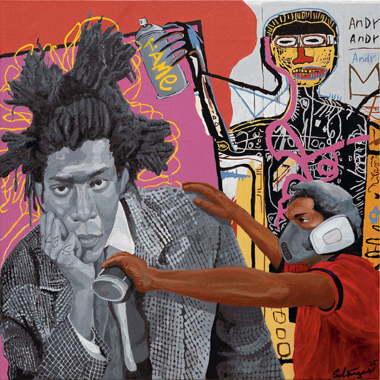 Glass Art Cutting Board of Acrylic Painting of Basquiat Contemplating Fame - by Sal Vargas KLAS