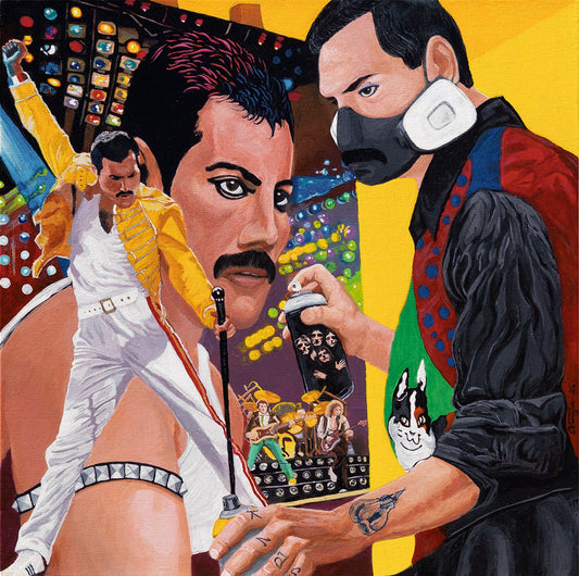 Glass Art Cutting Board of Acrylic Painting of Freddie Reminiscing - by Sal Vargas KLAS