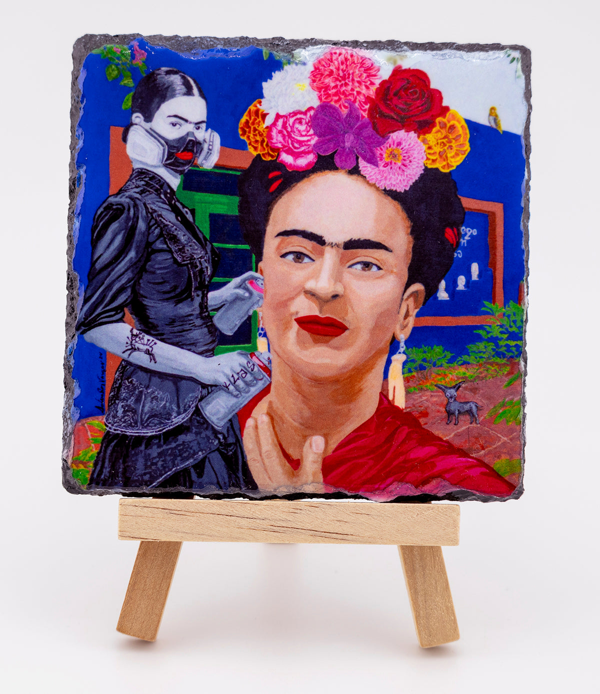 Slate Rock Art Coaster of Acrlyic Painting of Frida painting Self - by Sal Vargas KLAS
