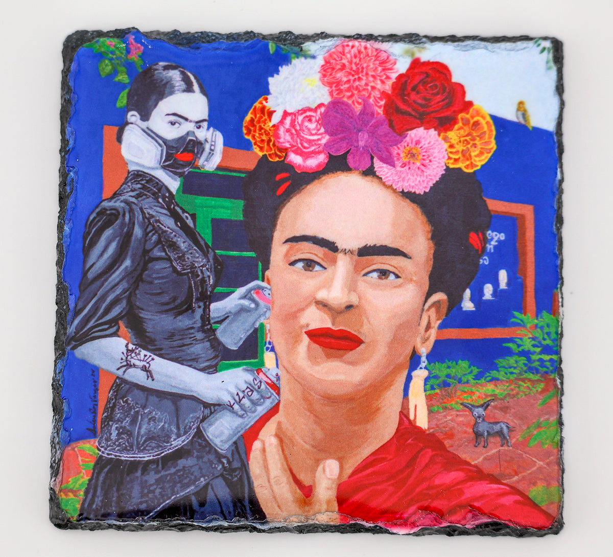 Slate Rock Art Coaster of Acrlyic Painting of Frida painting Self - by Sal Vargas KLAS